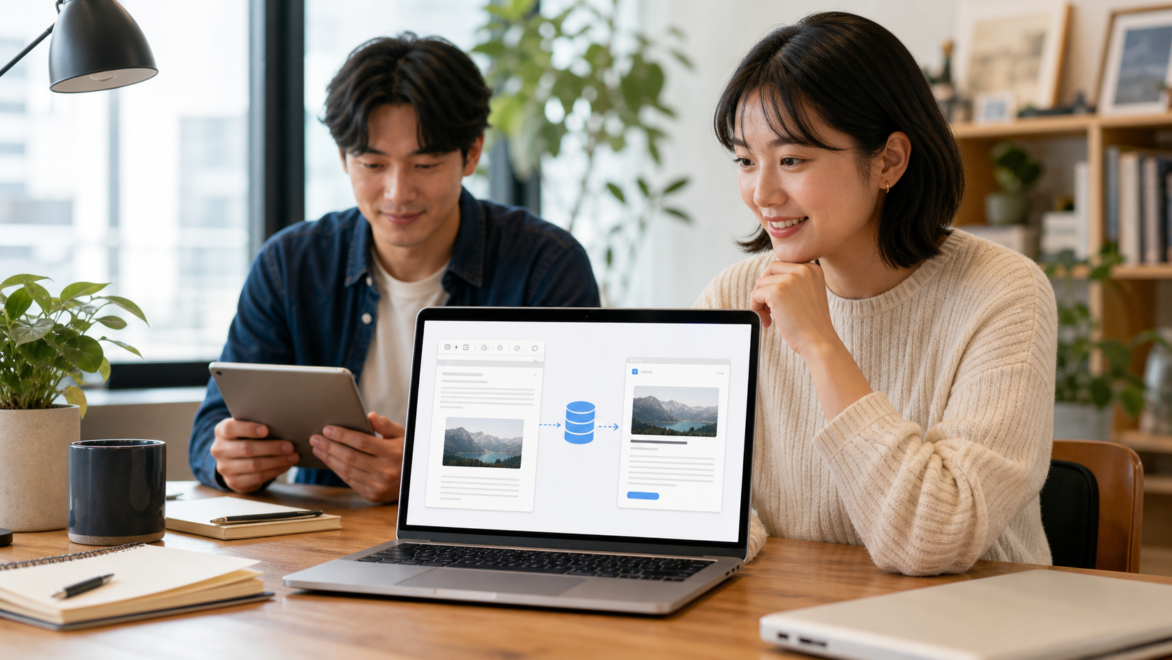 A bright office scene with teammates organizing interface blocks into a clean schema