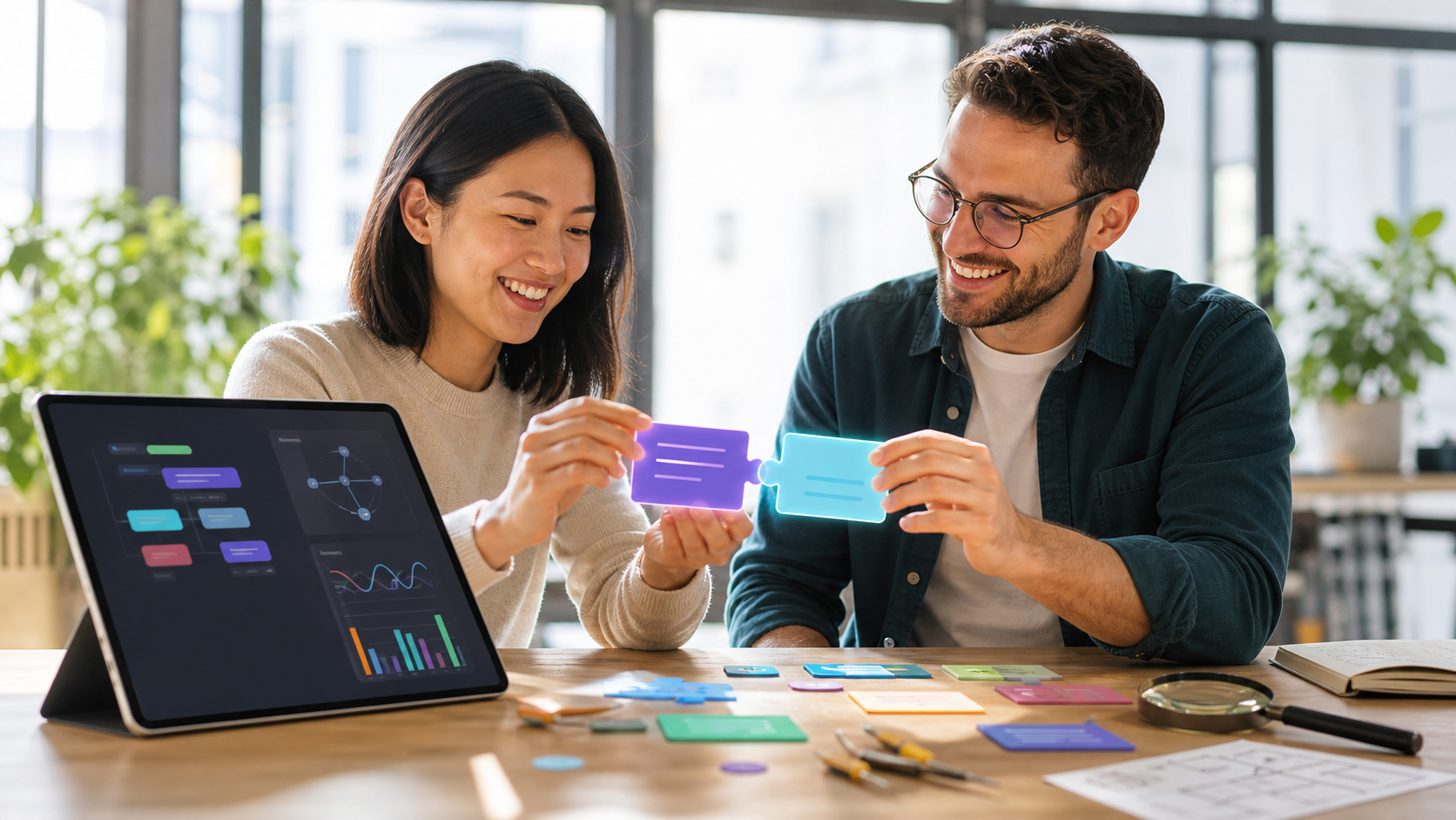 Two teammates repairing a mismatched tool-call interface in a bright office