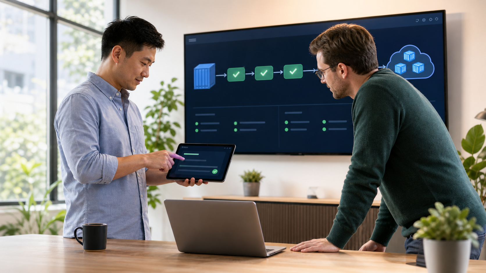 Two engineers checking a clean validation dashboard before execution