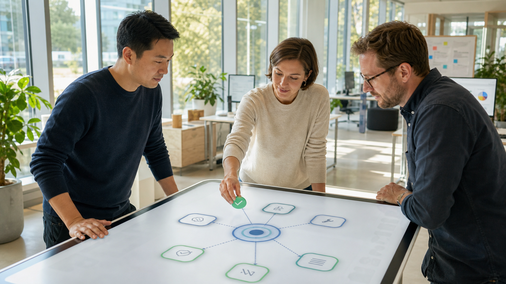 A bright product operations room with a control plane dashboard