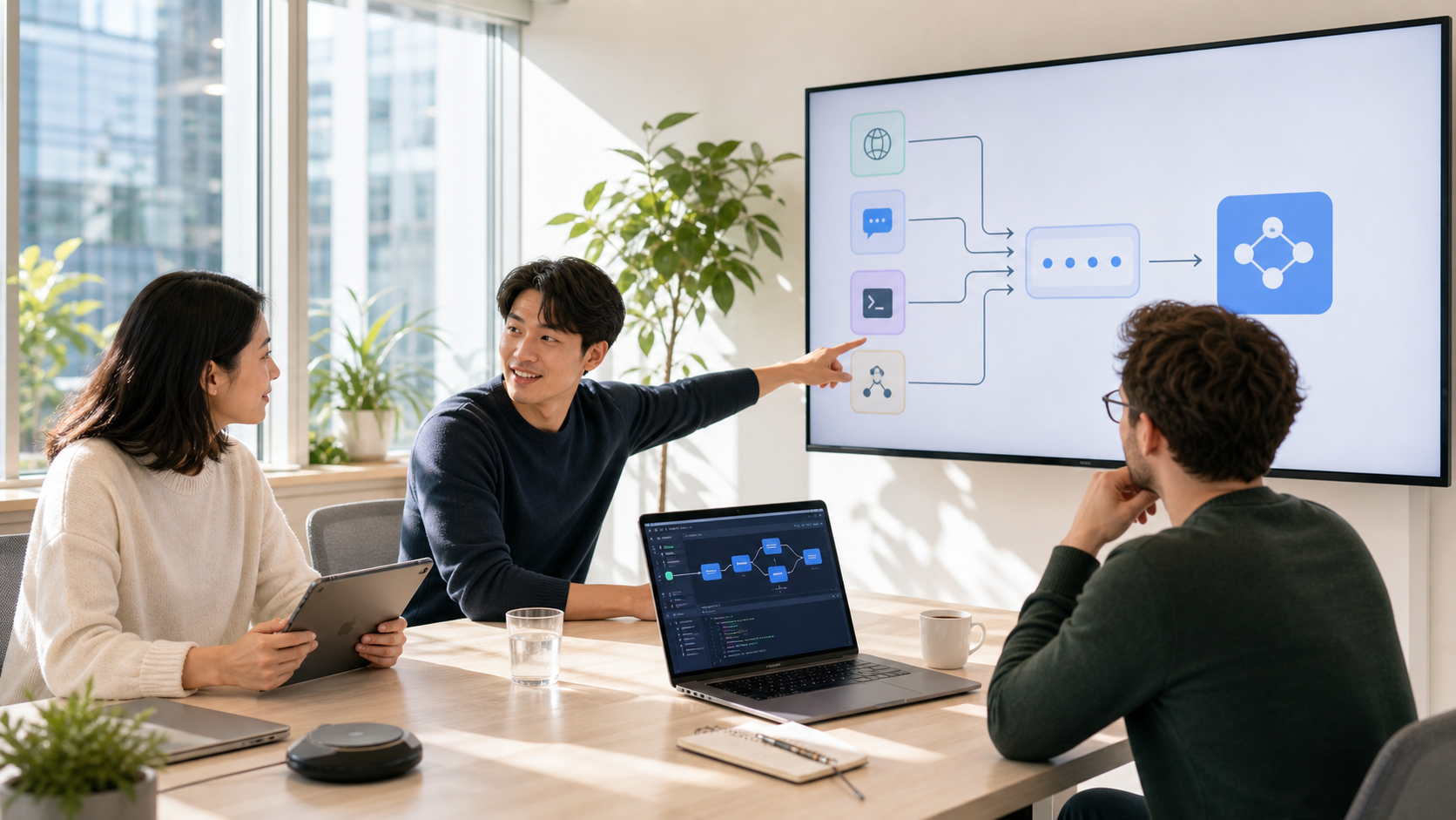 A bright product team reviewing API and protocol boundaries