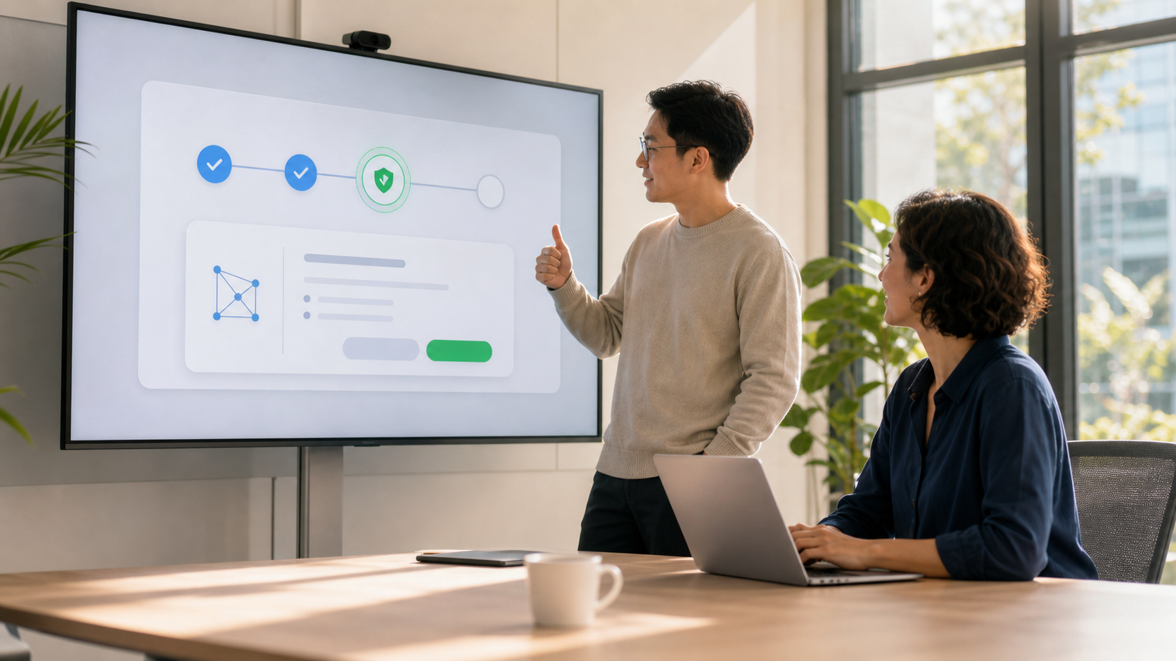 A reviewer approving a safe tool action in a bright team workspace